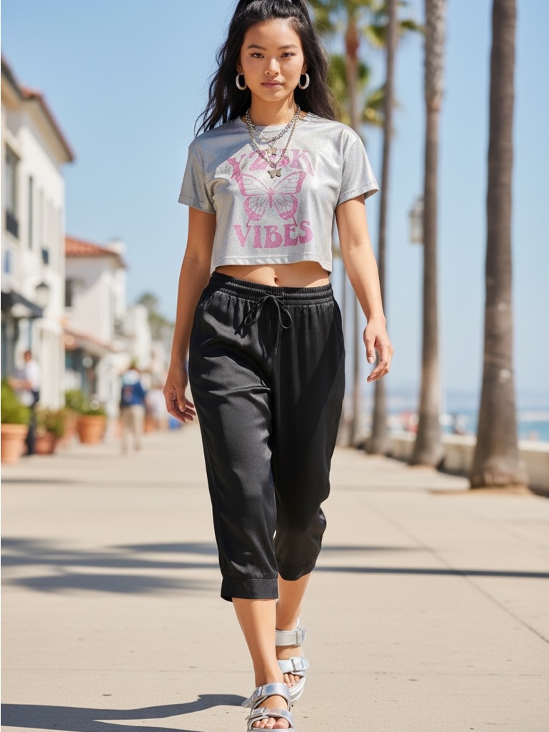 Ramy Brook Black Drawstring Capris Silk Jogger Pants Size M/L